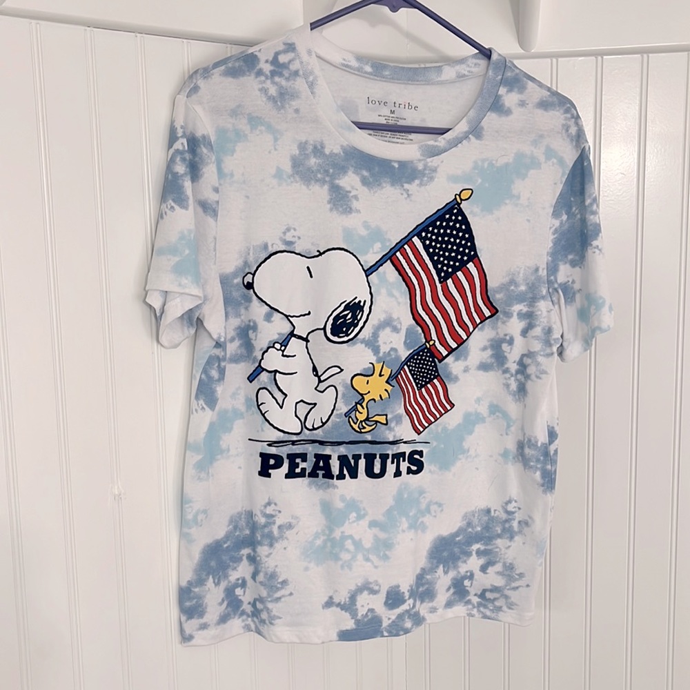 Love Tribe Patriot Peanuts Blue & White Tie-Dye Women’s Shirt NWOT